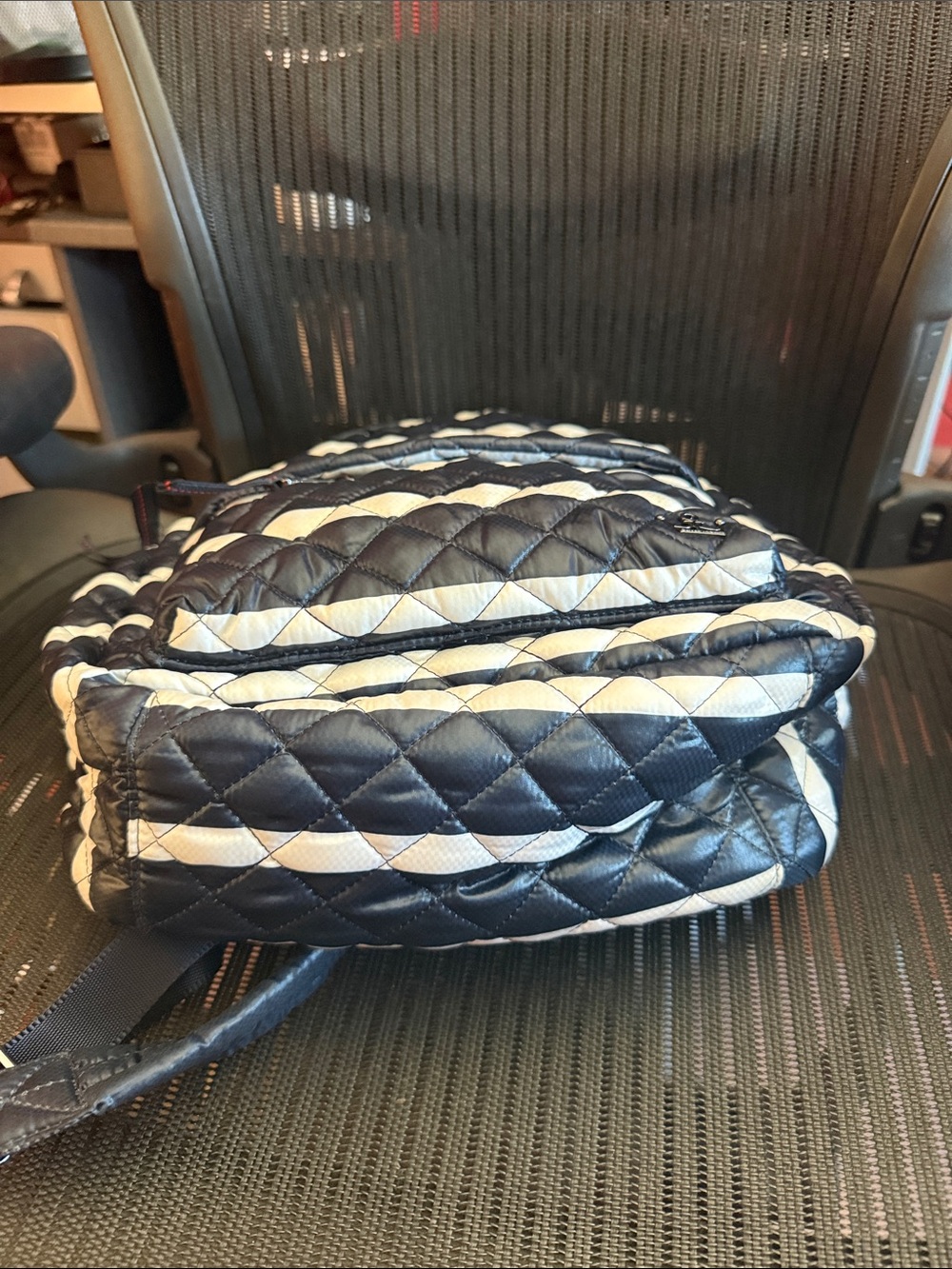 OLIVER THOMAS Quilted Backpack Black White Stripe Red Lining Washable - Picture 4 of 7